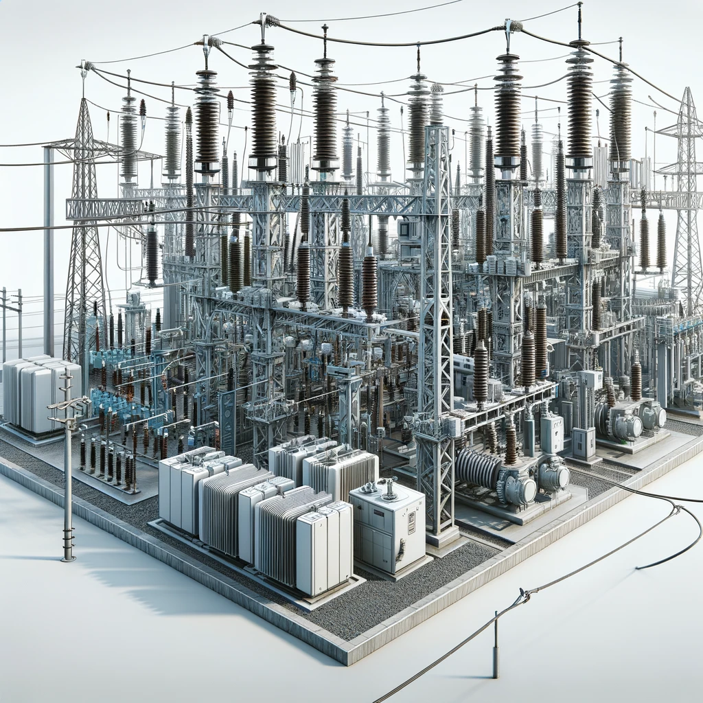 DALL·E 2024 03 28 19.49.50 A detailed image of an electrical substation featuring an array of equipment such as transformers insulators bus bars and switchgear. The substati