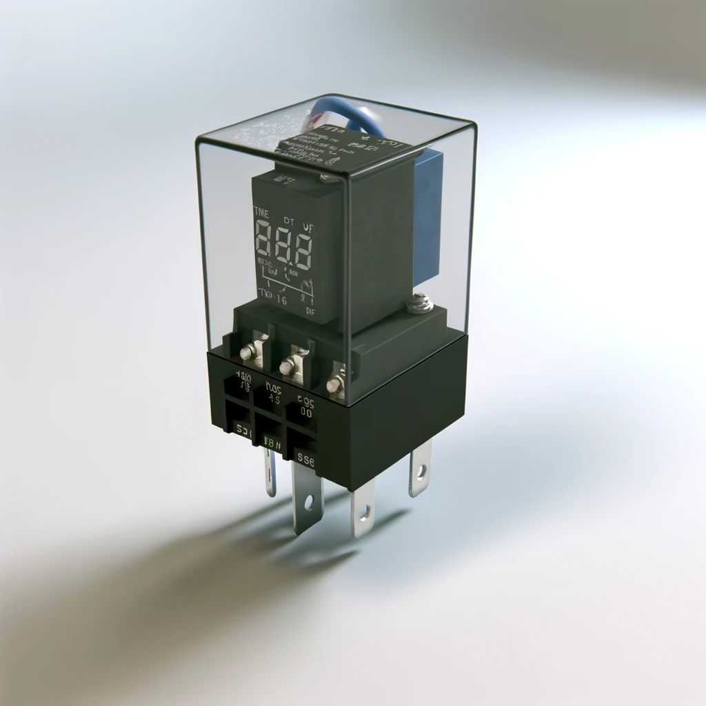 DALL·E 2024 03 31 14.57.16 A time delay relay depicted in a highly detailed and realistic manner. The image should showcase the relay as a standalone component typically found