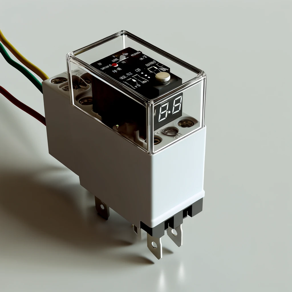 DALL·E 2024 03 31 14.57.17 A time delay relay depicted in a highly detailed and realistic manner. The image should showcase the relay as a standalone component typically found