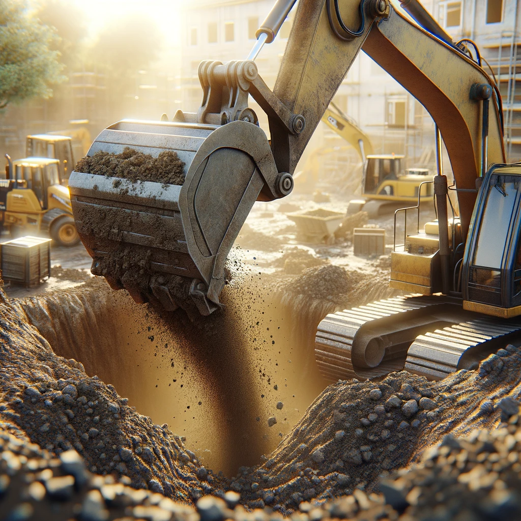 DALL·E 2024 04 02 18.45.40 Create a photorealistic image depicting the process of backfilling in a construction yard. The scene should focus on heavy machinery such as a backho