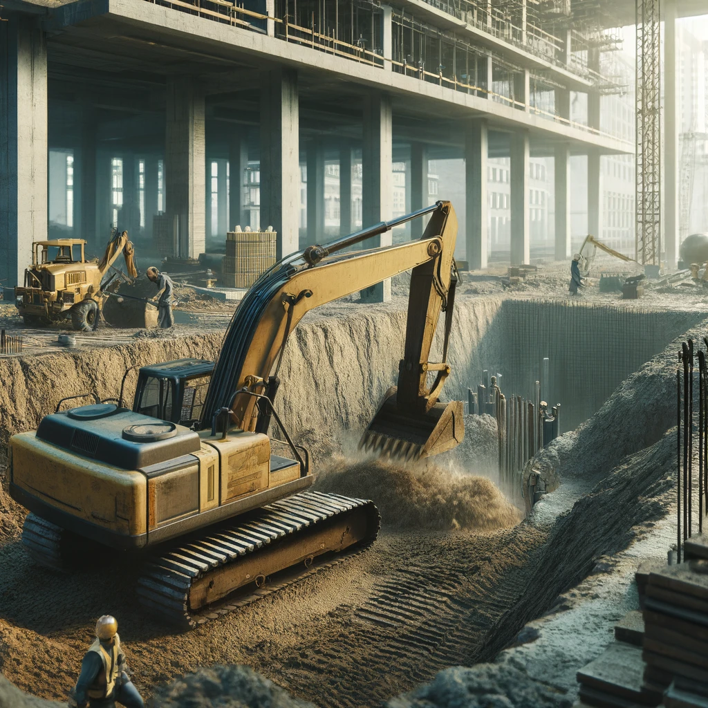 DALL·E 2024 04 02 18.49.13 Create a photorealistic image depicting the process of backfilling in a construction yard. The scene should show construction workers using machinery