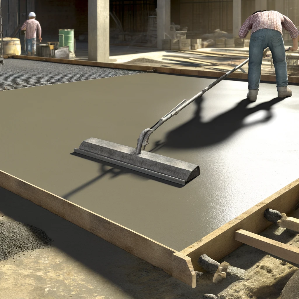 DALL·E 2024 04 02 19.44.21 Create a photorealistic image illustrating the use of a bull float in concrete finishing on a construction site. The scene should capture a constructi