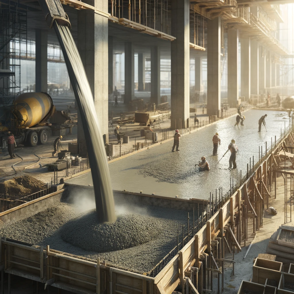 DALL·E 2024 04 02 20.00.53 Create a photorealistic image depicting the process of concrete setting on a construction site. The scene should capture a freshly poured concrete sla