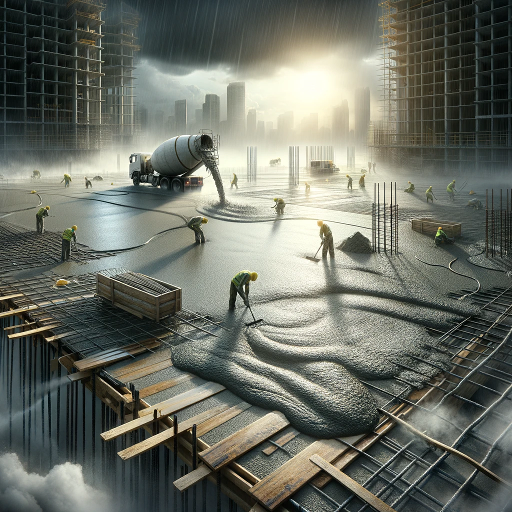 DALL·E 2024 04 02 20.01.24 Create a photorealistic image illustrating the impact of weather conditions on concrete setting at a construction site. The scene should depict a fres