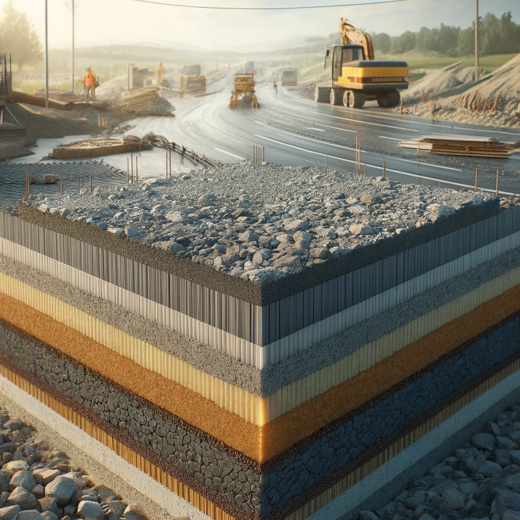 DALL·E 2024 04 02 20.53.48 Create a photorealistic image depicting the layers of base and sub base in a road construction setting. The scene should provide a cross sectional vie