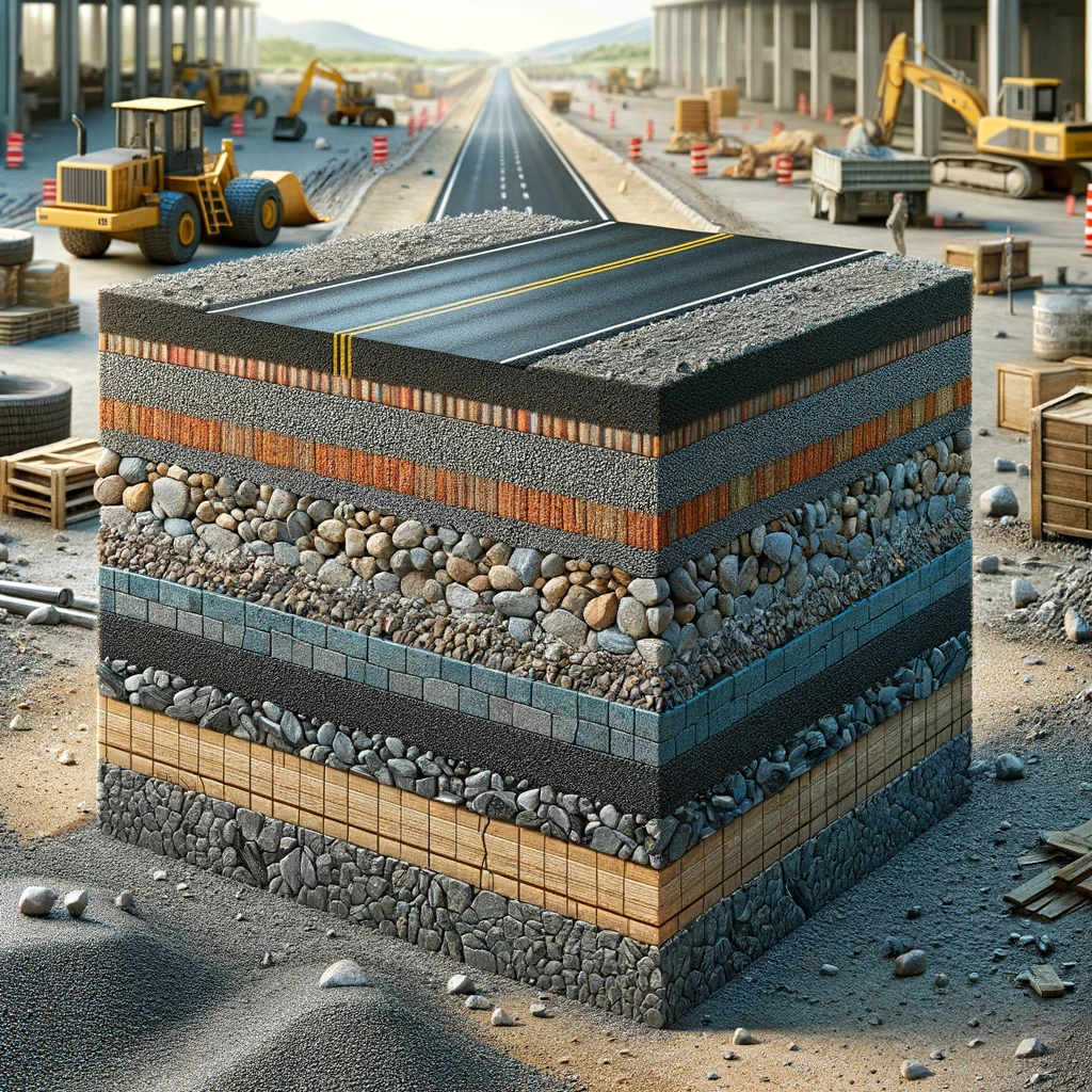 DALL·E 2024 04 02 20.54.23 Create a photorealistic image depicting a cross section of a road construction site showing the layers of base and sub base materials beneath the asp