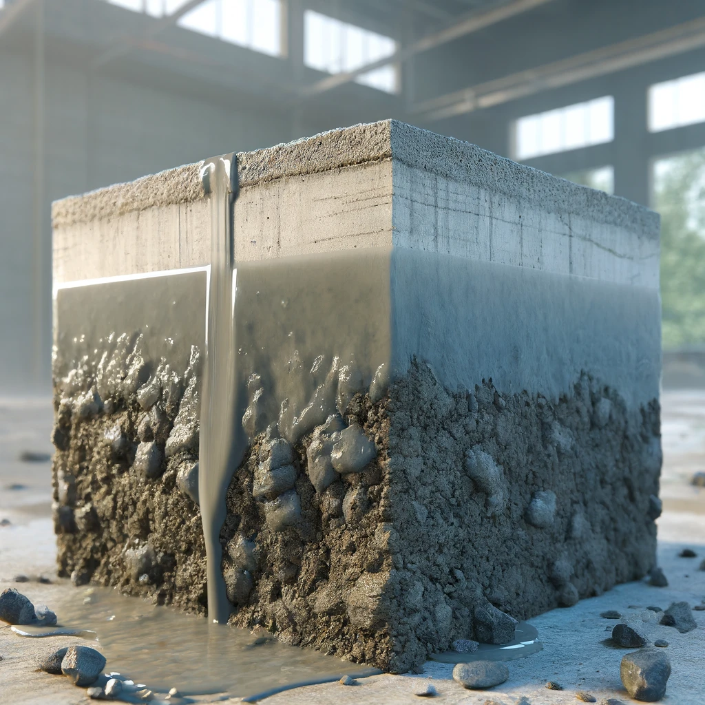 DALL·E 2024 04 02 21.49.57 Create a photorealistic image depicting the process of concrete absorption. The scene should show a concrete surface such as a slab or wall partiall