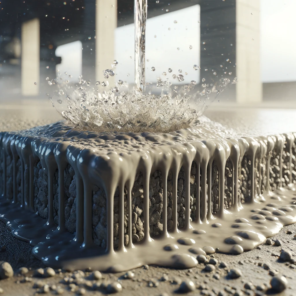 DALL·E 2024 04 02 21.51.41 Create a photorealistic image depicting the concept of concrete absorption. The scene should illustrate a concrete surface absorbing water with visib