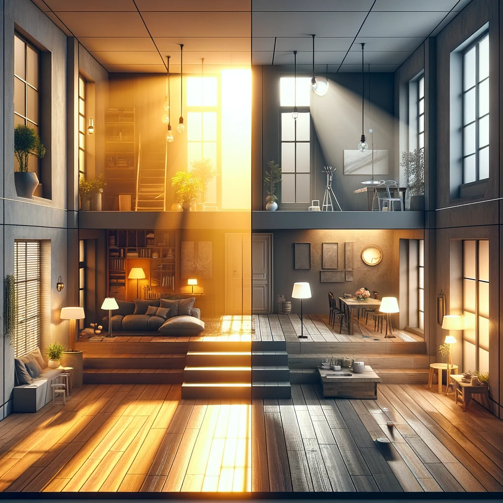 DALL·E 2024 04 02 23.54.22 Create a photorealistic image that represents the concept of lux in lighting. The scene should depict an environment with varied lighting conditions