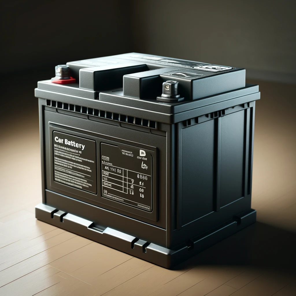 DALL·E 2024 04 03 09.19.29 Create a photorealistic image of a car battery. The battery should be depicted in great detail showing its rectangular shape heavy duty terminals a