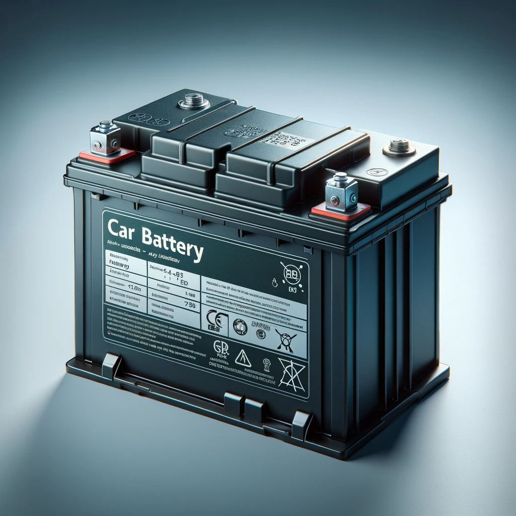 DALL·E 2024 04 03 09.20.07 Create a photorealistic image of a car battery. The scene should focus on a typical automotive battery showing its rectangular shape terminals on th