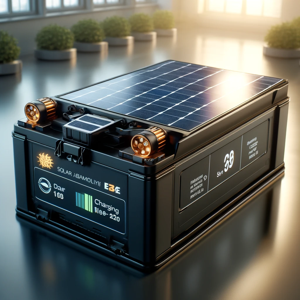 DALL·E 2024 04 03 09.21.21 Create a photorealistic image of a solar car battery. The scene should focus on an advanced automotive battery designed to be charged by solar energy