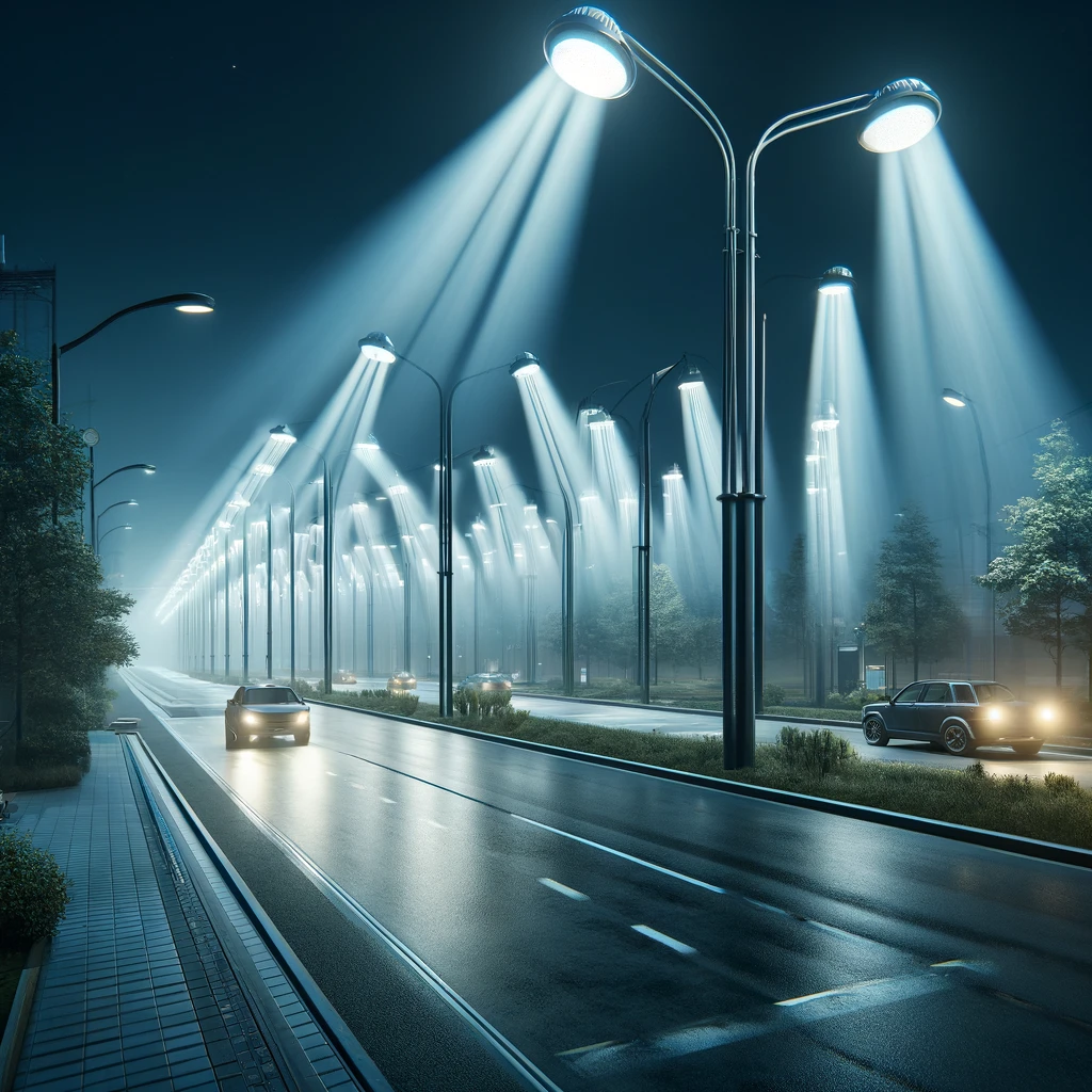 DALL·E 2024 04 03 09.43.20 Create a photorealistic image illustrating Type 2 light distribution commonly used in roadway and sidewalk lighting. The scene should depict an outdo