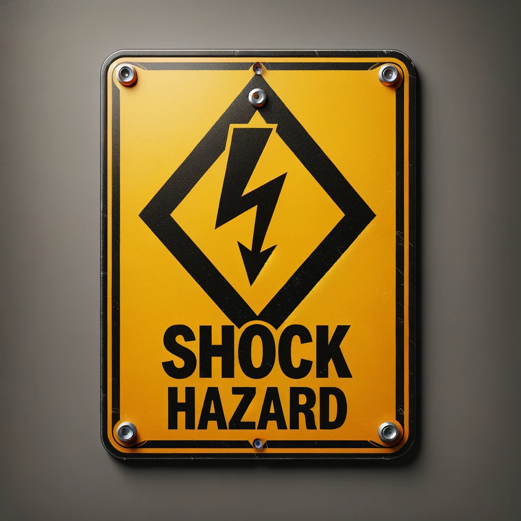 DALL·E 2024 04 03 10.04.28 Create a photorealistic image of a shock hazard sign typically found in areas with potential electrical dangers. The sign should prominently display