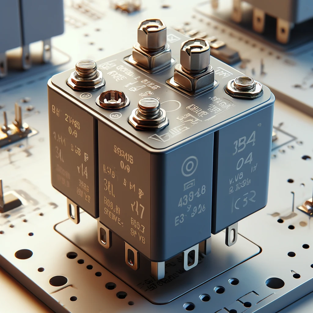 DALL·E 2024 04 03 10.21.26 Create a photorealistic image of an electrical relay. The relay should be depicted in a close up view showcasing its casing terminals and any label