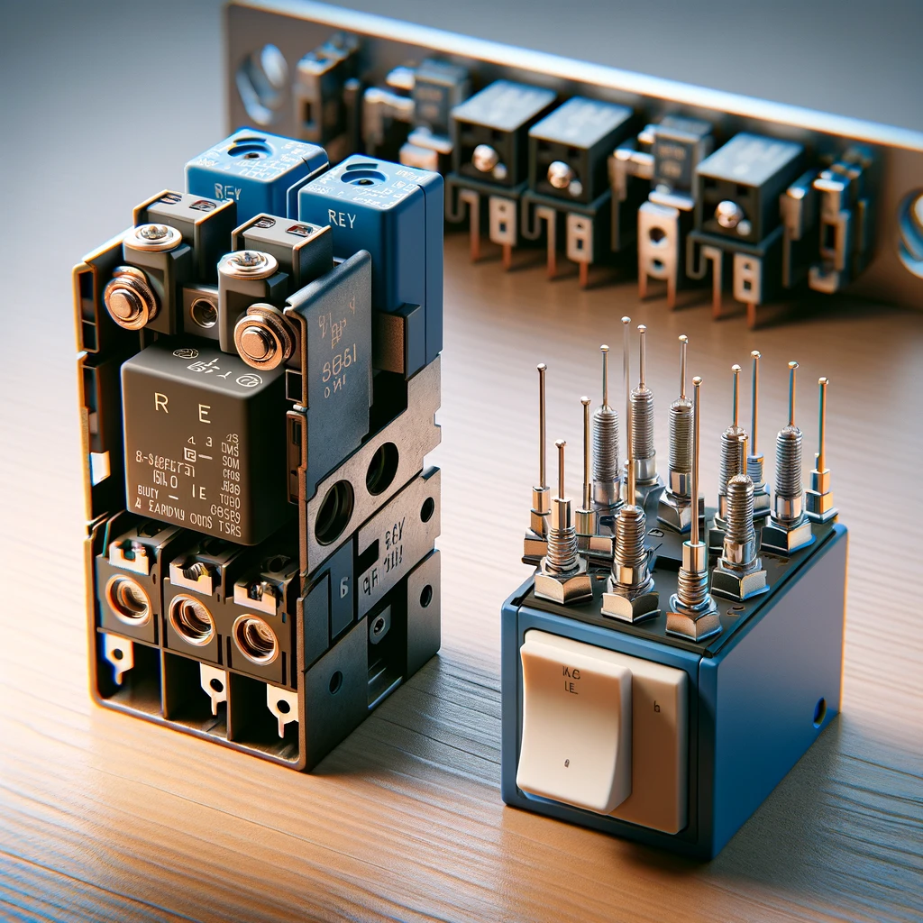 DALL·E 2024 04 03 10.28.15 Create a photorealistic image illustrating the comparison between an electrical relay and a switch. The image should depict both components side by si