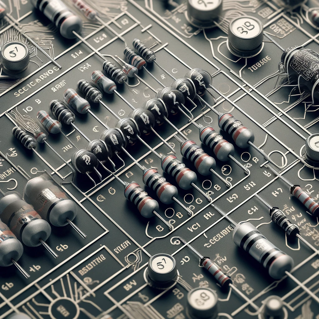 DALL·E 2024 04 03 11.58.39 Illustrate the concept of scaling resistors in an electronic circuit. The image shows a circuit board with a series of resistors connected in a specif