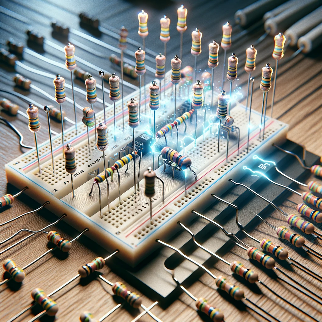 DALL·E 2024 04 03 11.59.20 Create an image illustrating the concept of scaling resistors in an electrical circuit. The scene depicts a simple electronic circuit on a breadboard