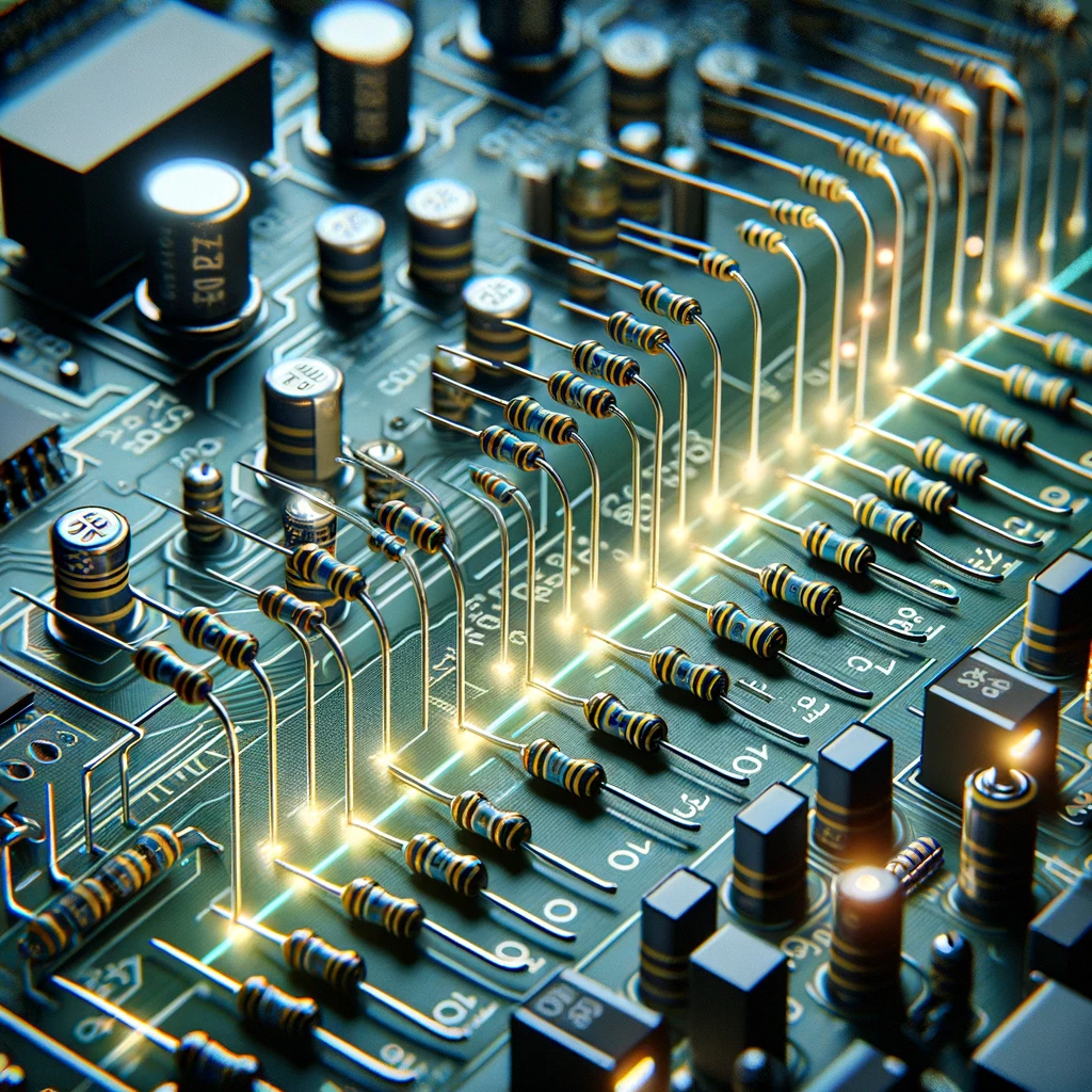 DALL·E 2024 04 03 12.01.55 Illustrate the concept of scaling resistors within an electronic circuit. The scene shows a close up view of a circuit board where a series of resist