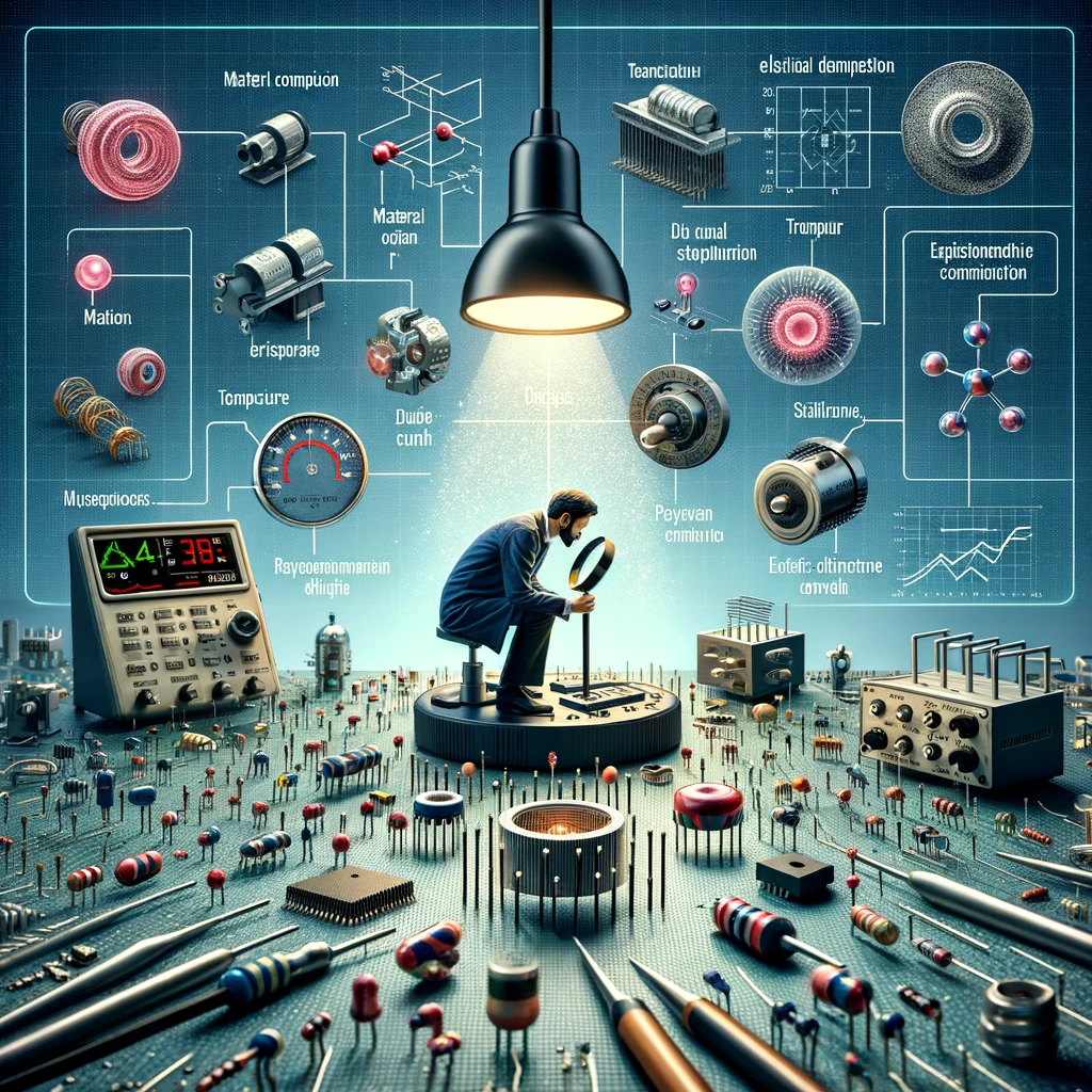 DALL·E 2024 04 03 12.02.31 Create a detailed image that illustrates the various factors influencing resistance values in electronic components. The scene is set in an electronic