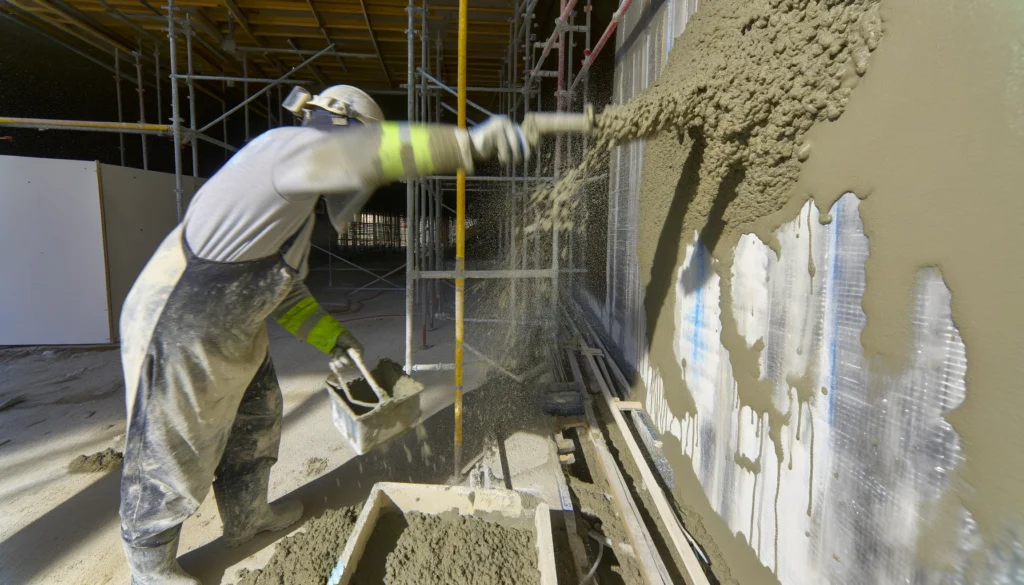 DALL·E 2024 04 03 19.39.17 Visualize a construction site where spatterdash concrete is being applied to a wall as a preparatory layer before rendering or plastering. The scene s