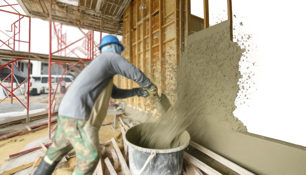 DALL·E 2024 04 03 19.39.19 Visualize a construction site where spatterdash concrete is being applied to a wall as a preparatory layer before rendering or plastering. The scene s