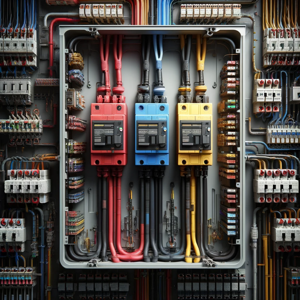 DALL·E 2024 04 03 19.54.13 Create a detailed image showing the three legs of an electrical system within an open electrical panel. The image should realistically depict the thre