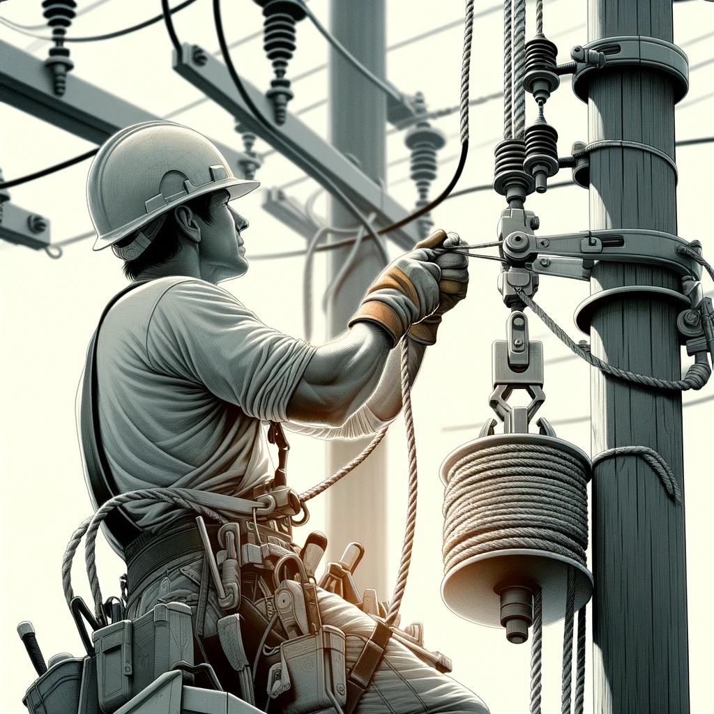 DALL·E 2024 05 24 22.39.31 A detailed image of a construction worker using a stringing block with rope to string an electrical line. The worker is wearing safety gear including