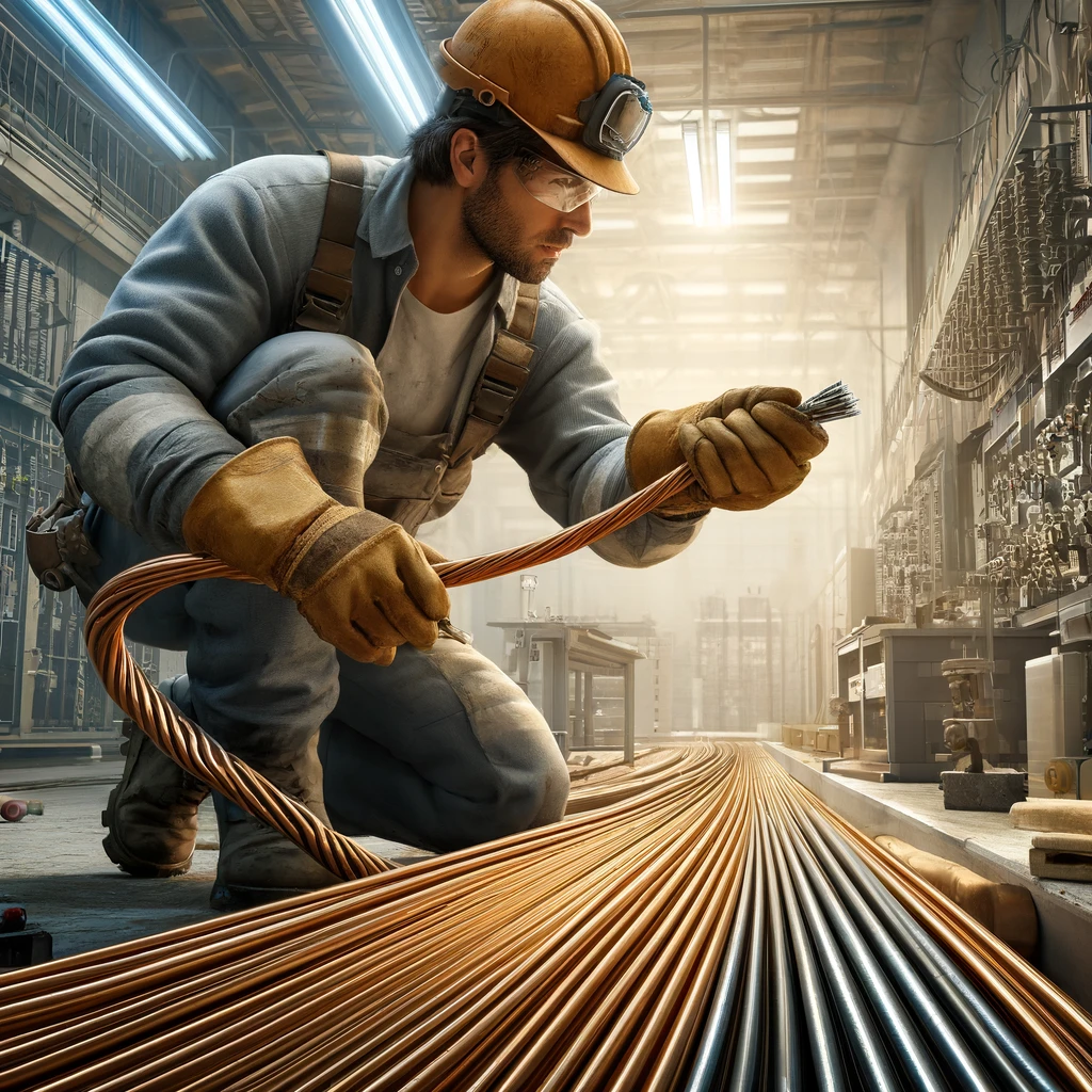 DALL·E 2024 05 24 23.10.27 A detailed image of a construction worker handling solid conductors in an electrical setting. The worker is equipped with safety gear including a hel