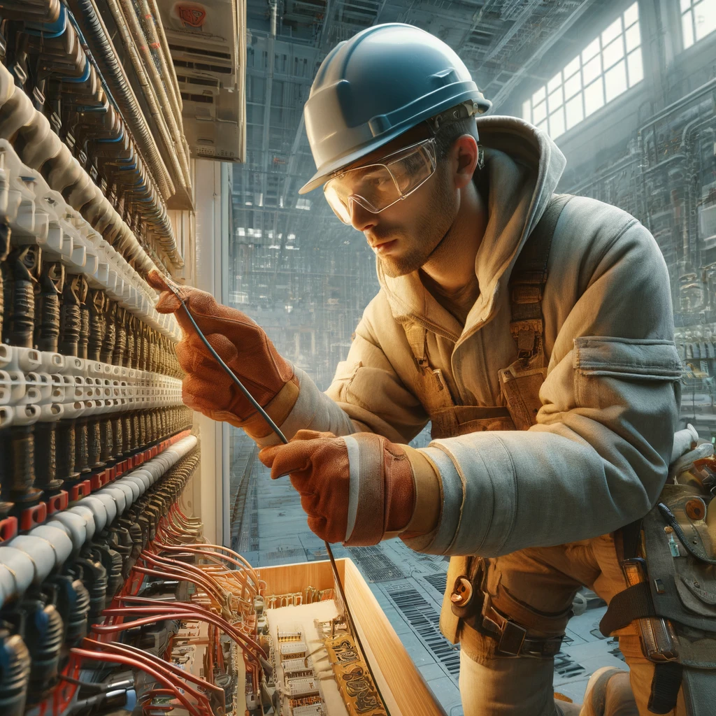 DALL·E 2024 05 24 23.10.50 A detailed image of a construction worker handling stranded conductors in an electrical setting. The worker is equipped with safety gear including a