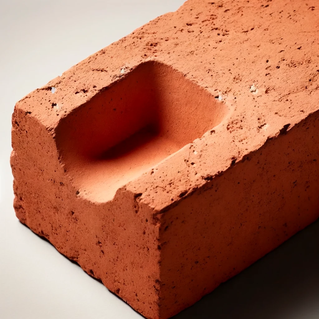 DALL·E 2024 06 05 17.11.46 A close up view of a brick with a rectangular depressed indent known as a frog. The brick has a rough reddish brown texture typical of common cons