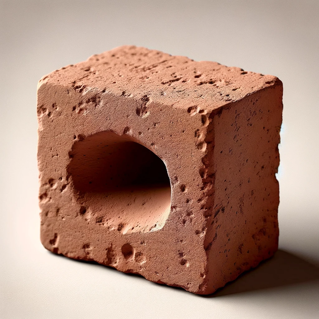 DALL·E 2024 06 05 17.12.27 A close up view of a brick with a rectangular depressed indent known as a frog. The brick has a rough reddish brown texture typical of common cons