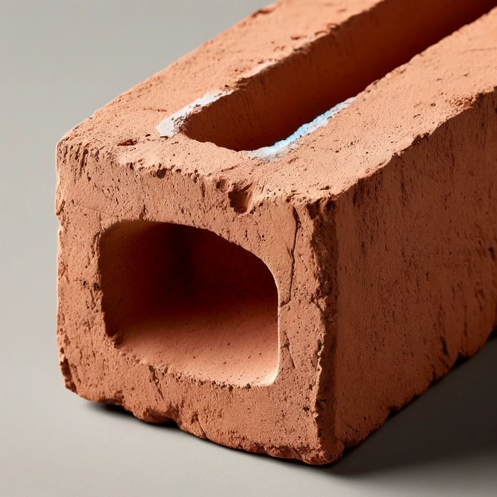 DALL·E 2024 06 05 17.12.57 A close up view of a longer brick with a rectangular depressed indent known as a frog. The brick has a rough reddish brown texture typical of comm