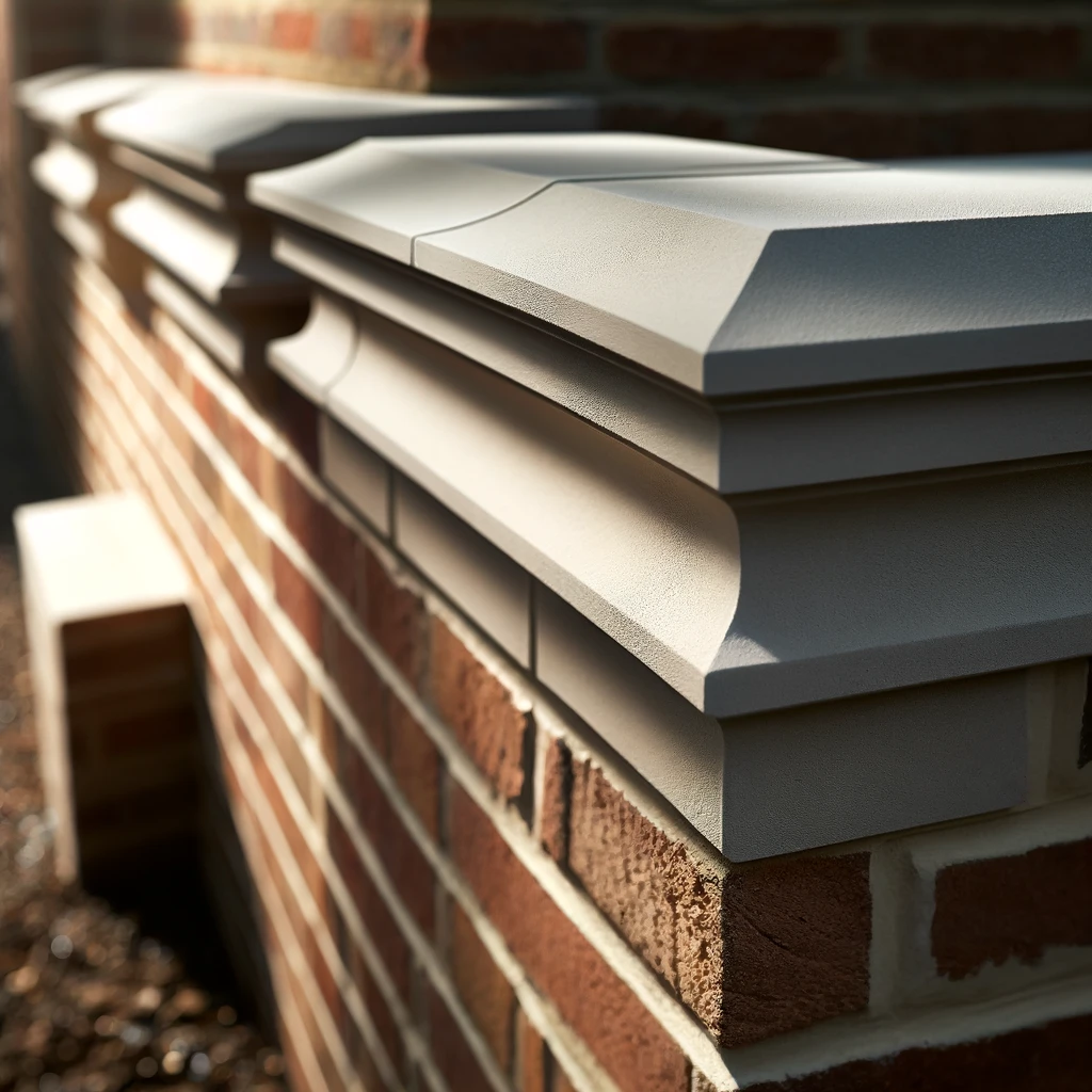 DALL·E 2024 06 06 20.33.32 A detailed image of masonry coping on top of a brick wall. The coping is made of smooth durable stone providing a protective and decorative cap for