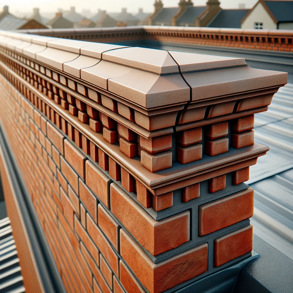 DALL·E 2024 06 09 12.31.06 A detailed image of a brick parapet wall on top of a building. The parapet wall is constructed from red bricks neatly aligned with clean and even mor