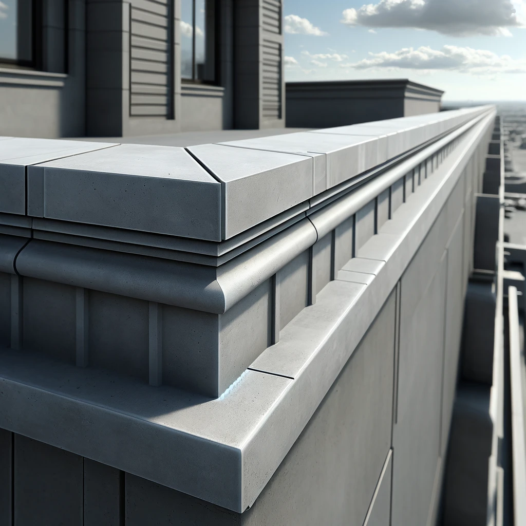 DALL·E 2024 06 09 12.32.02 A detailed image of a concrete parapet wall on top of a building. The parapet wall is constructed from smooth grey concrete with clean and even line