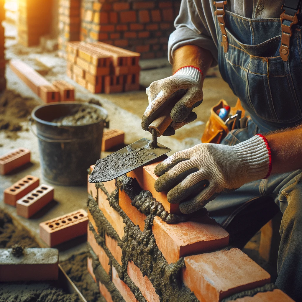 DALL·E 2024 06 09 20.13.14 A detailed image of a construction worker placing mortar on a brick also known as buttering a brick. The worker is wearing a hard hat gloves and wo