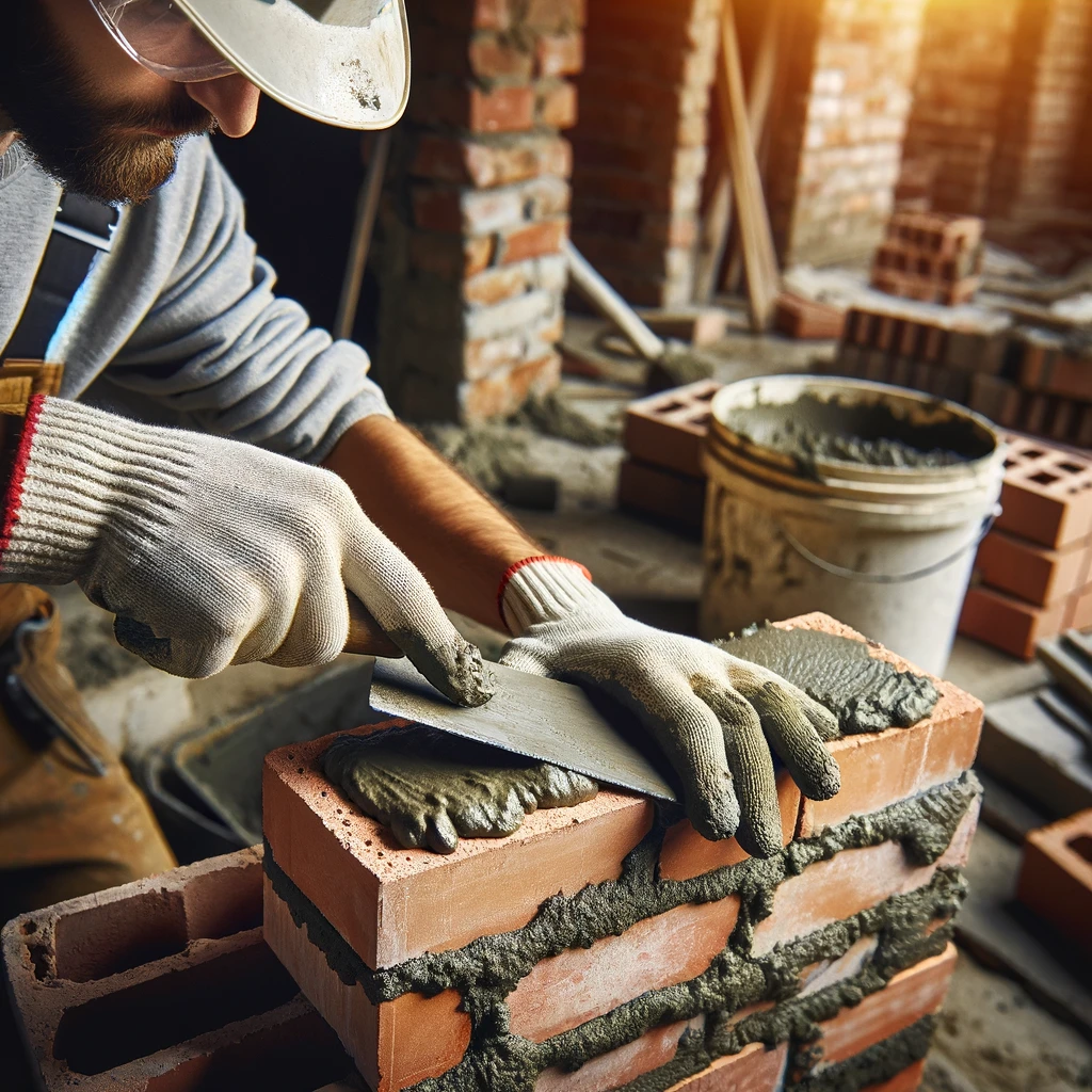 DALL·E 2024 06 09 20.14.56 A close up image of a construction worker placing mortar on a brick also known as buttering a brick. The worker wearing a hard hat gloves and work