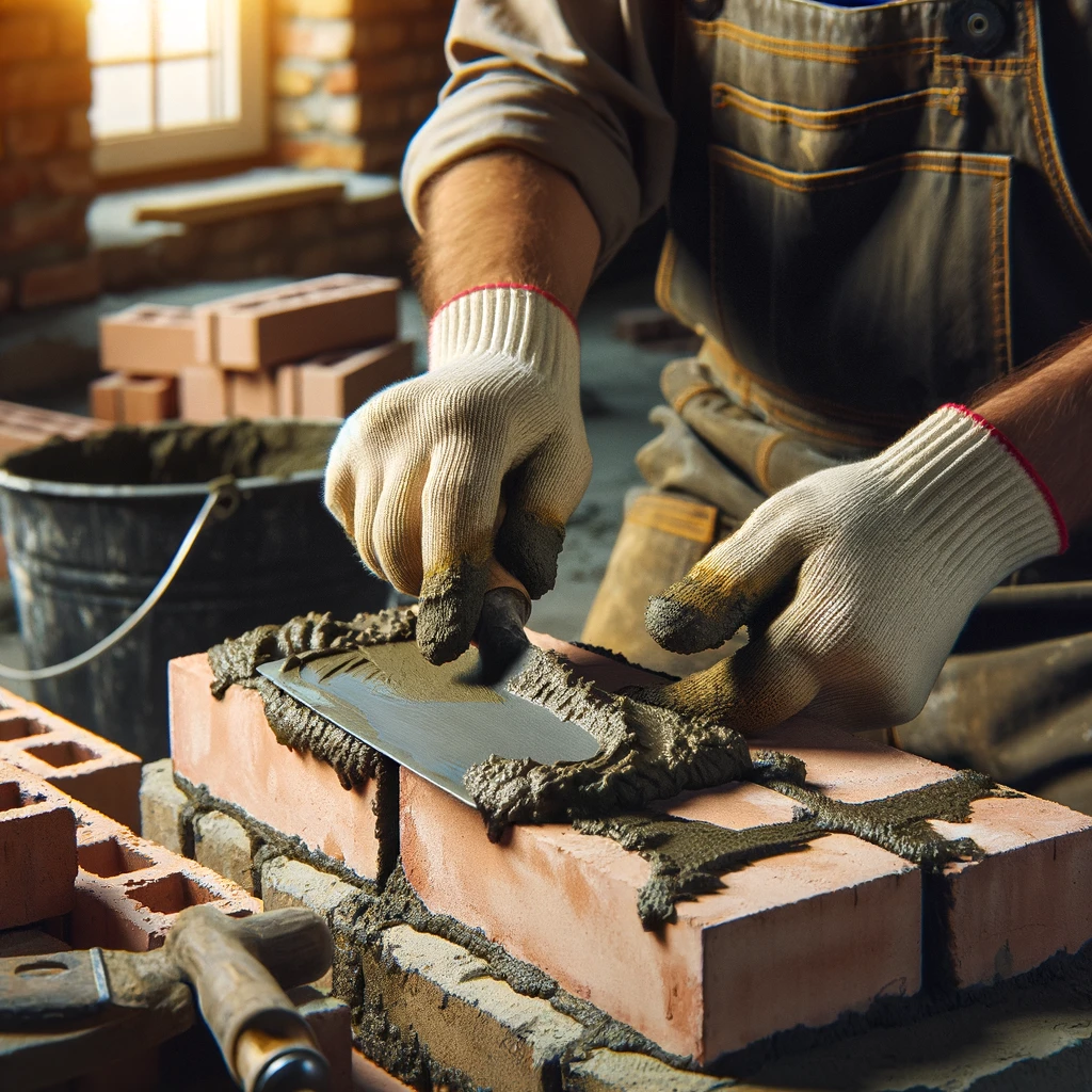 DALL·E 2024 06 09 20.15.00 A close up image of a construction worker placing mortar on a brick also known as buttering a brick. The worker wearing a hard hat gloves and work