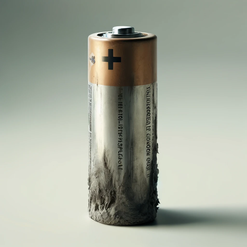 DALL·E 2024 06 11 09.04.25 A close up view of a deeply discharged battery. The battery shows signs of significant use and wear with a faded and slightly corroded appearance. Th