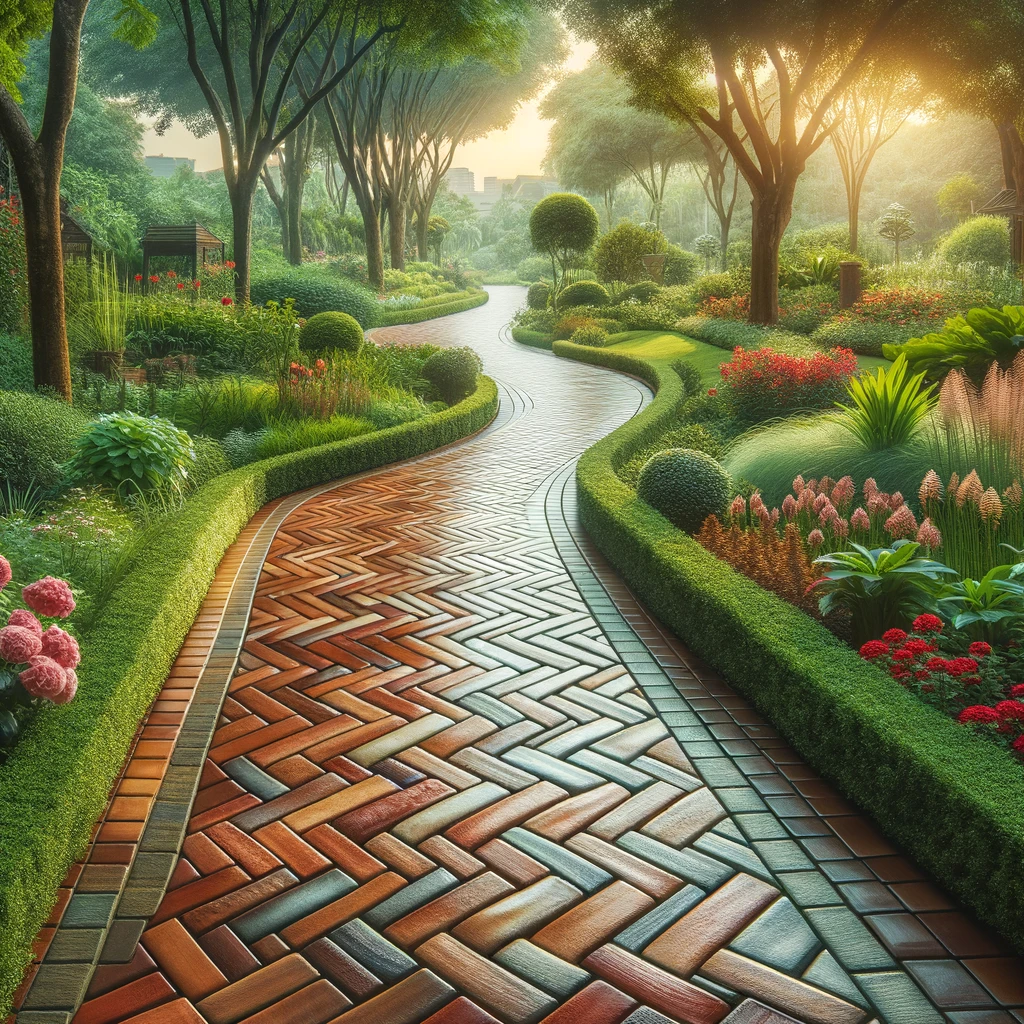 DALL·E 2024 06 12 11.22.40 A scenic pathway made of vitrified bricks winding through a lush garden. The pathway is composed of uniformly sized glossy bricks in shades of red a