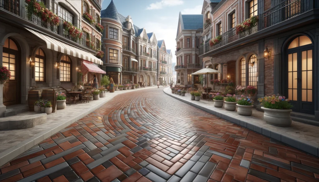 DALL·E 2024 06 12 11.25.39 A charming European town featuring a vitrified brick pathway. The pathway is composed of glossy smooth bricks in shades of red and brown laid in a h