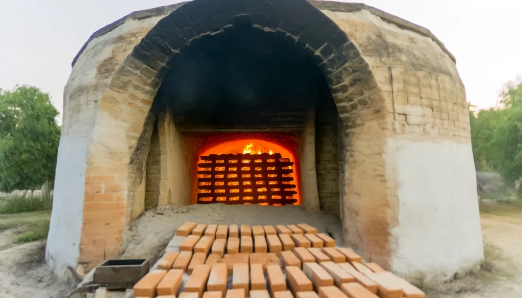 DALL·E 2024 06 12 13.59.42 A scene of bricks being fired in a traditional kiln. The kiln is made of stone and has a wide arched opening showing the glowing orange and red inter