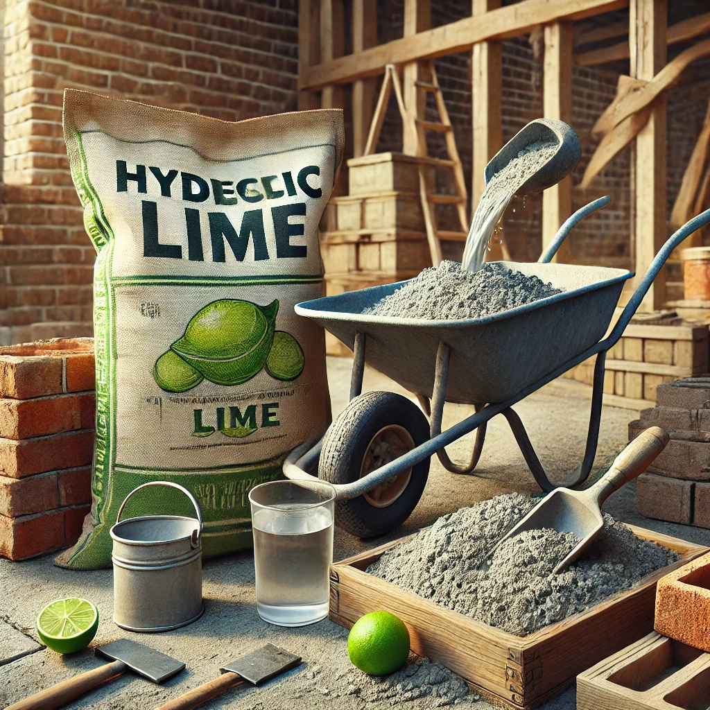 DALL·E 2024 06 25 17.55.01 A detailed image depicting hydraulic lime in a construction setting. Show a bag labeled Hydraulic Lime next to a pile of the powdered lime. Include