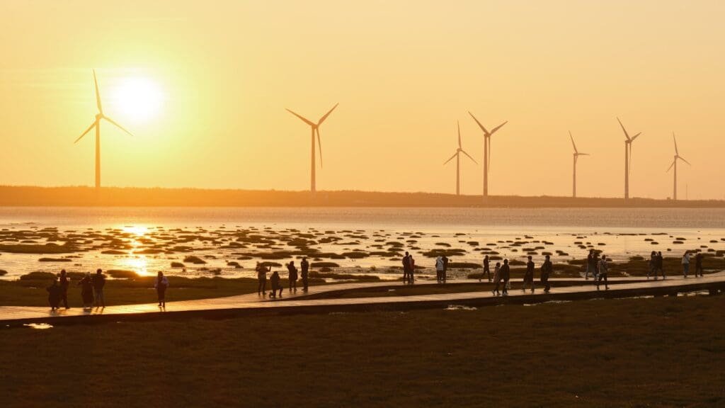 a group of people standing on a beach next to a body of water